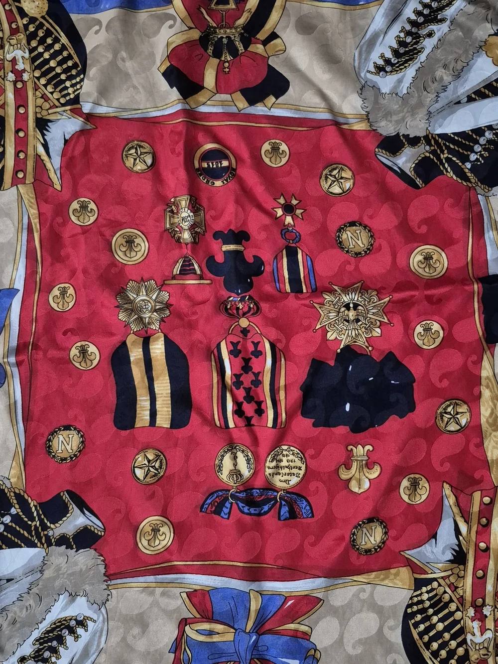 100% Silk Square Scarf with Military Details in Red, Navy & Gold Trim